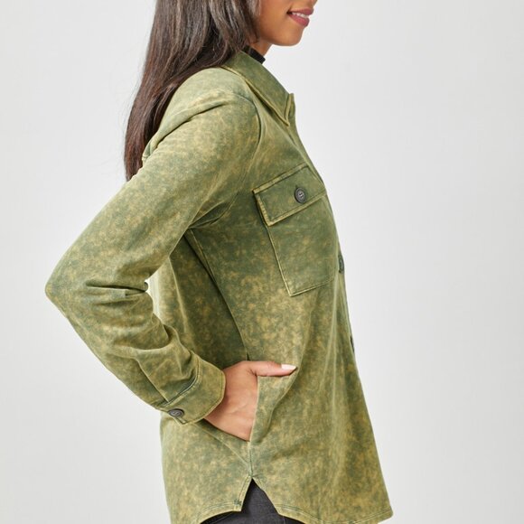 MYSTREE Mineral Wash Utility Shacket, Olive Green Button-Up Jacket - Picture 2 of 4